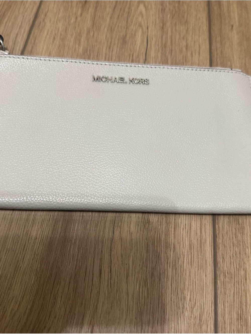 Michael Kors White Pebbled Leather Wristlet Clutch with Silver Logo